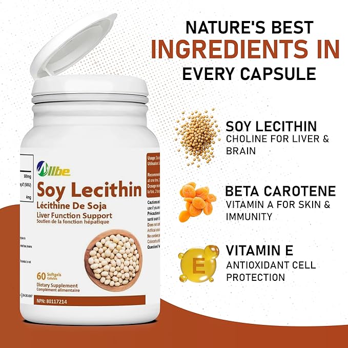 Soy Lecithin Softgels 500mg Lecithin with 4mg Beta-Carotene and 50IU Vitamin E Supplement 4 Packs of 60 Antioxidant &amp Liver Function Support Capsules Serving Size: 1 Softgel 120 Days Supply