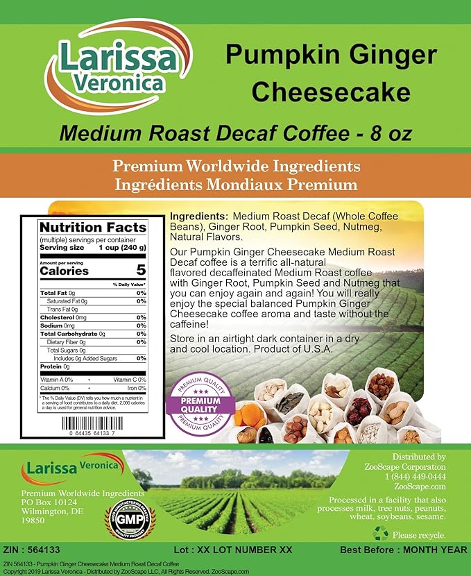 Pumpkin Ginger Cheesecake Medium Roast Decaf Coffee (Gourmet Naturally Flavored Whole Coffee Beans) (8 oz ZIN: 564133) - 3 Pack