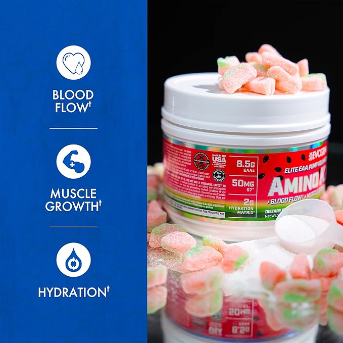 Evogen Amino K.E.M. - EAA &amp BCAA Powder Pump Volumizer | BCAAs Amino Acids Supplement for Blood Flow Muscle Growth &amp Hydration | Sour Watermelon | 30 Servings