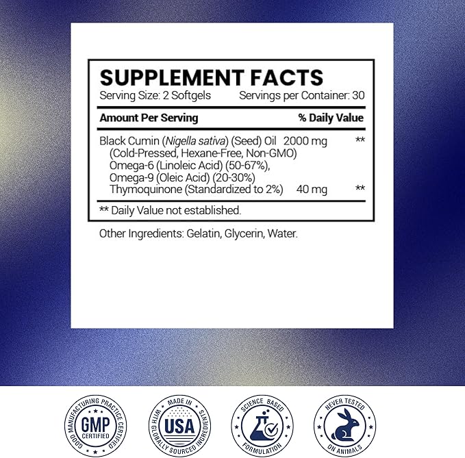 Research Verified Black Seed Oil - 60 Softgels - Boost Immunity Support Digestion Improve Respiratory Function - Cold-Pressed - 2% Thymoquinone (TQ)