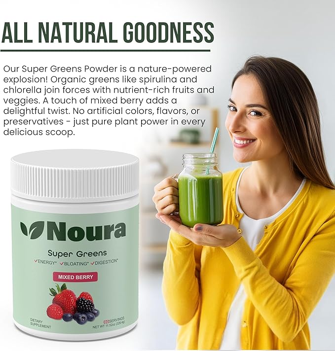 Super Greens Powder 60 Servings - Immunity Digestive Enzymes &amp Probiotics for Energy Gut Health Bloating Relief for Women - Greens Superfood Powder - Mixed Berry