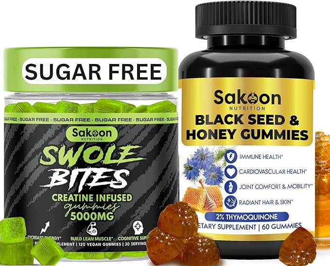 Sakoon nutrition Black Seed Oil &amp Creatine Monohydrate Gummies | 5000mg Creatine for Strength &amp Muscle Growth | Black Seed Oil with 2% Thymoquinone for Immunity Joints Hair &amp Skin | Vega