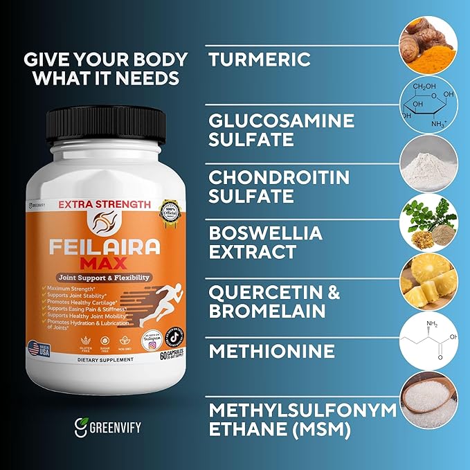 Feilaira Max Extra Strength Joint Support Supplement 1500mg Glucosamine 60 Capsules 20 Day Supply (2)