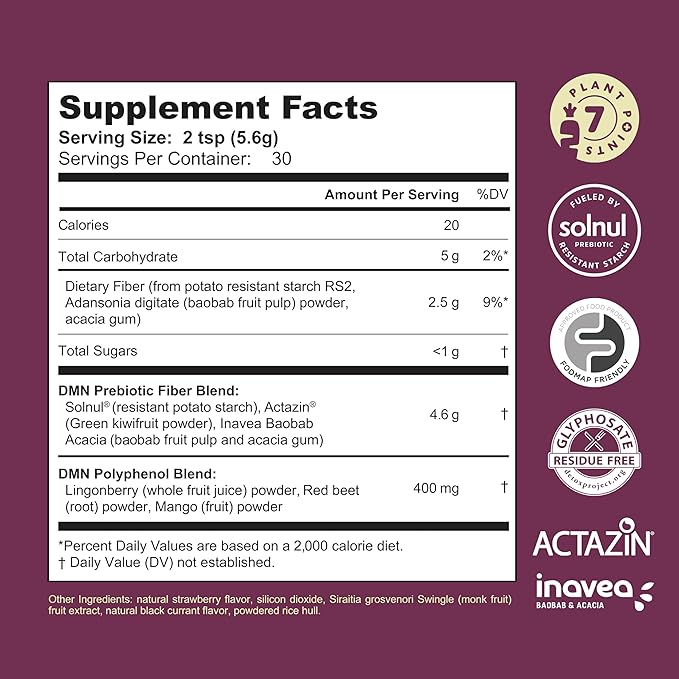 DMN (Daily Microbiome Nutrition) 6 Oz Plant-Based Fiber Powder with 3 Different Prebiotics Helps Digestive &amp Gut Health Low FODMAP Supplement Vegan Wild Berry Flavor 30 Servings