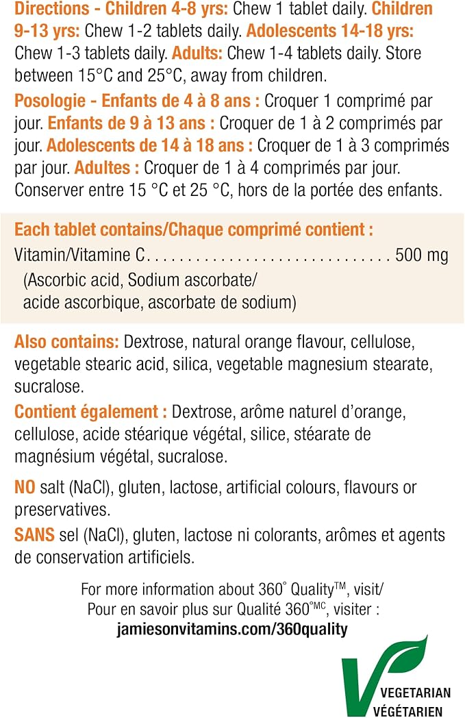 Jamieson Chewable Vitamin-C 500mg Value Supplement Pack(330 Count) Tangy Orange (Imported from Canada)