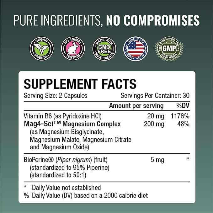Approved Science Magnesium Complex - Magnesium Bisglycinate Malate Citrate and Oxide Heart Headaches Cramps Energy - High Absorption - 60 Capsules - 1 Month Supply - Non-GMO - Vegan