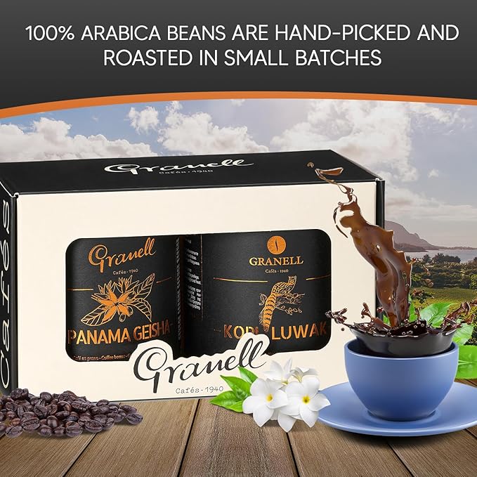 Cafés Granell – Kopi Luwak + Panama Geisha Coffee | Exotic Collection | Fresh Whole Gourmet Beans | Quality Controlled | 100% Arabica Coffee-Premium Medium Roast | 3.53oz