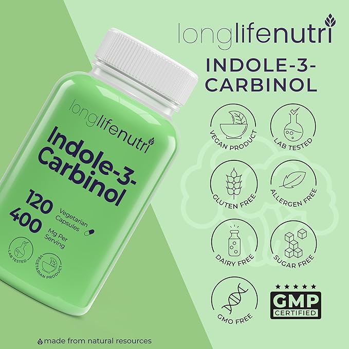 LongLifeNutri Indole-3-Carbinol 400mg - 120 Vegeterian Capsules 4-Month Supply Organic Supplement for Hormone Balance &amp Cellular Health Lab Tested Made in USA