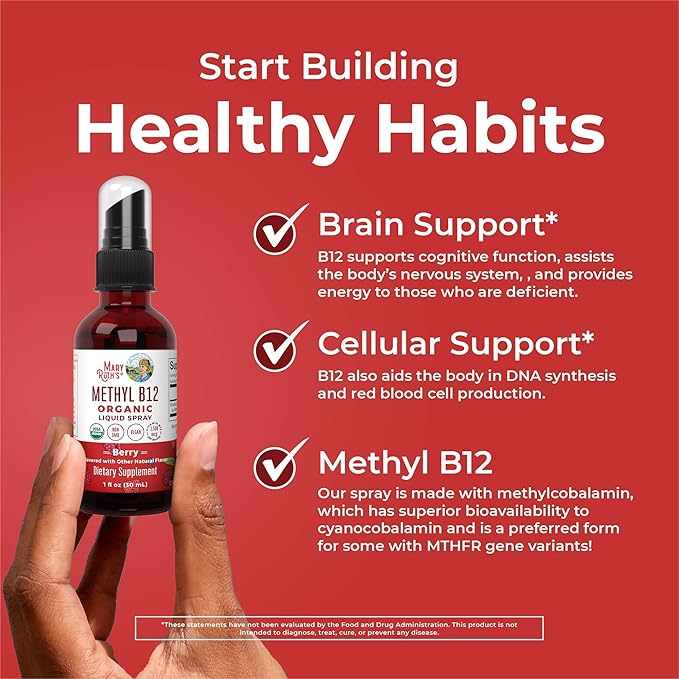 MARYRUTH'S Organic Methyl B12 Spray | 1500 mcg B12 Per Serving | Methylcobalamin | Energy Metabolism | Cognitive Function | Neuro Health | Vegan | Gluten Free | Sugar Free | 1 Fl Oz
