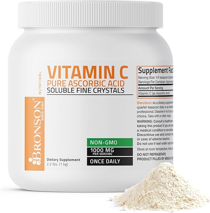 Bronson Vitamin C Powder Pure Ascorbic Acid Soluble Fine Non GMO Crystals – Promotes Healthy Immune System and Cell Protection – Powerful Antioxidant - 1 Kilogram (2.2 Lbs)