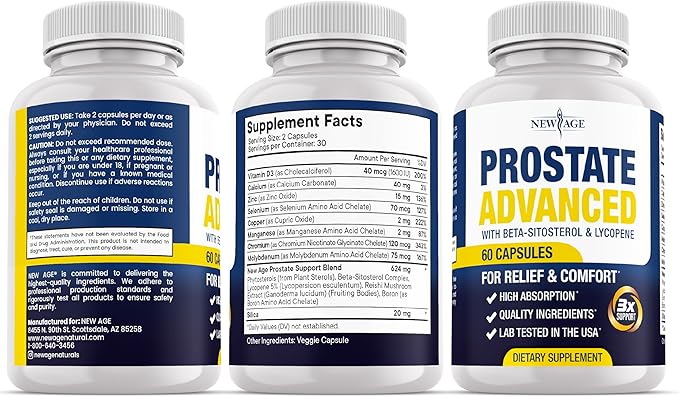 NEW AGE Prostate Advanced Prostate Supplement for Men – Reduce Bathroom Trips Promote Sleep Support Health &amp Bladder Emptying - Made with Lycopene Beta Sitosterol - 180 Count