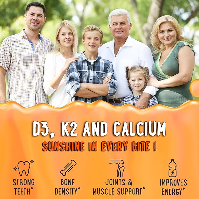 OH MY CHEWY Center-Filled Vitamin D3 K2 &amp Calcium Gummies - Supplement for Healthy Teeth Bone &amp Energy - 5000 IU D3 120 mcg K2(MK-7) 120 mg CA - Vegan &amp Non-GMO - 120 Count