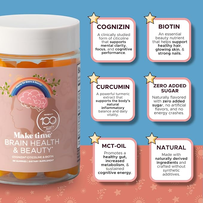 MAKE TIME Brain &amp Beauty Gummies – Cognitive Support with Cognizin Citicoline &amp Biotin for Focus Clarity &amp Radiant Hair Skin &amp Nails – Sugar-Free Delicious Blueberry Flavor (60 Gum
