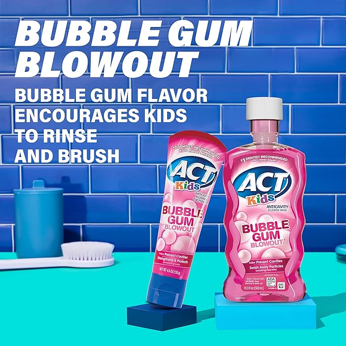 Garden of Life Dr. Formulated Probiotics Organic Kids+ Plus Vitamin C &amp D Berry Cherry Chewables 30 Count &amp ACT Kids Anticavity Fluoride Rinse Bubble Gum Blowout 16.9 fl oz