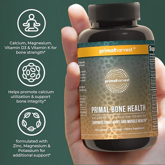 Primal Harvest Primal Bone Health Calcium Carbonate Bone Health Complex for Men &amp Women with Calcium Magnesium Zinc Manganese Potassium &amp L-Carnitine (1 Pack)