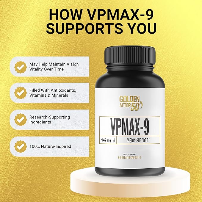 Golden After 50 VpMax-9 - Sight Care and Antioxidant Supplement with Eye Vitamins Lutein Lycopene and Bilberry Extract - 6 Bottles