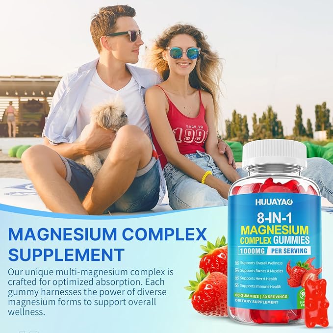Magnesium Complex Gummies for Women Men 8 in 1 Magnesium Glycinate Citrate Malate Taurate Supports Bones Muscle Nerve Health Sugar-Free Vegan Non-GMO Strawberry Flavor 120 Count