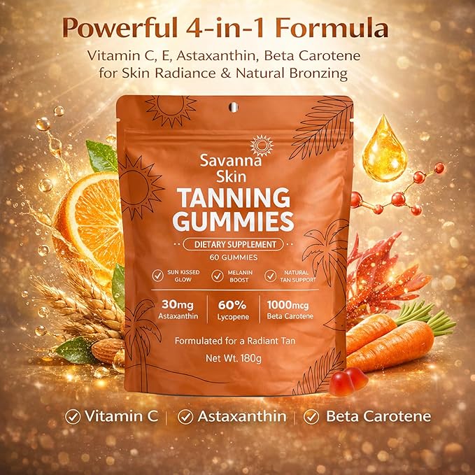 Savanna Skin Tanning Gummies with Vitamin C &amp E Astaxanthin Beta Carotene Skin Radiance &amp Hydration for Natural Looking Glow Bronzing Non-GMO Vegan &amp Sugar Free - 60 Count (1)