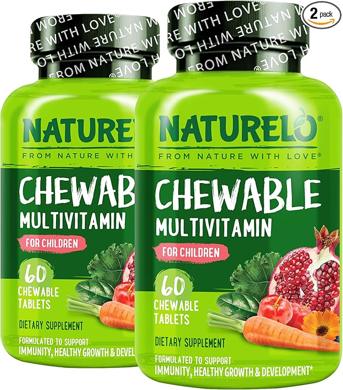 NATURELO Chewable Vitamin for Kids Multivitamin with Whole Food Organic Fruit Blend - 60 Tablets for Children (Pack of 2)