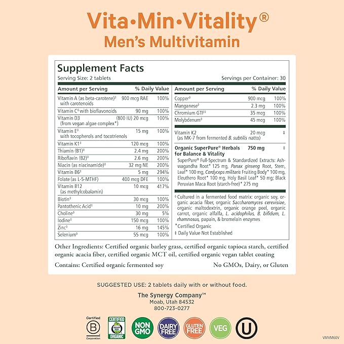 PURE SYNERGY Vita·Min·Vitality | Natural Multivitamin for Men | Men’s Daily Multivitamin Made with Organic Whole Foods | for Energy Stress and Immune Support (60 Tablets)