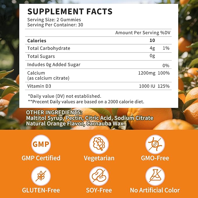 (3 Pack)Calcium Citrate 1200mg with Vitamin D3 Gummies for women &amp MenCalcium Citrate Supplement for Bone &amp Teeth SupportHigh Absorption-Easy to Digest Sugar FreeVeganOrange Flavor90 Day