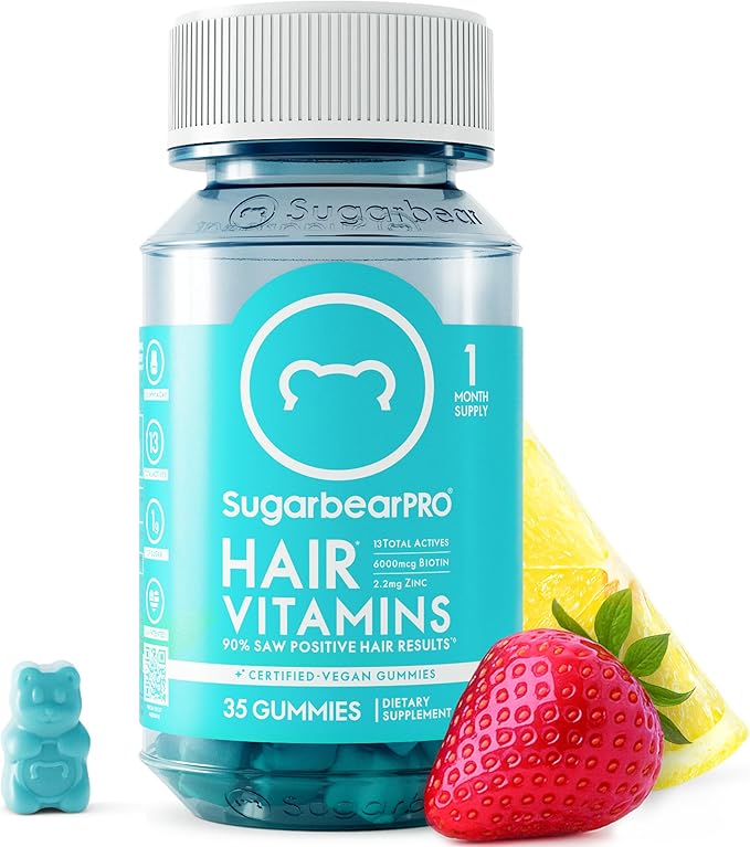 SugarBearPro Hair Vitamin Gummy 1 Month Supply Extra Strength Biotin 6000mcg for Hair Growth Vegan Vitamin B12 MSM Inositol Omega 3 Elderberry Certified Kosher Halal Cruelty-Free