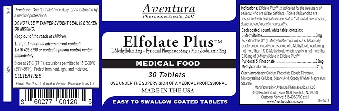 Plus® 3mg L-Methylfolate Methyl Folate Methylfolate Medical Food Supplement Professional Strength Active Pure Potent 30 Tablets