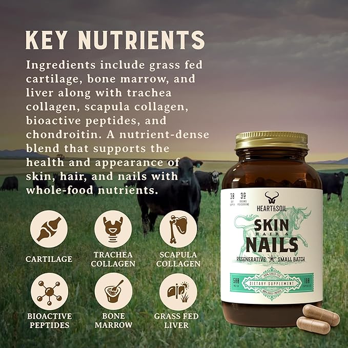 Heart &amp Soil – 100% Grass Fed &amp Finished Hair Skin and Nails Supplement from Regenerative Cattle with Cartilage Liver &amp Bone Marrow – 3000mg Beef Organs for Women &amp Men – Glass Bottl