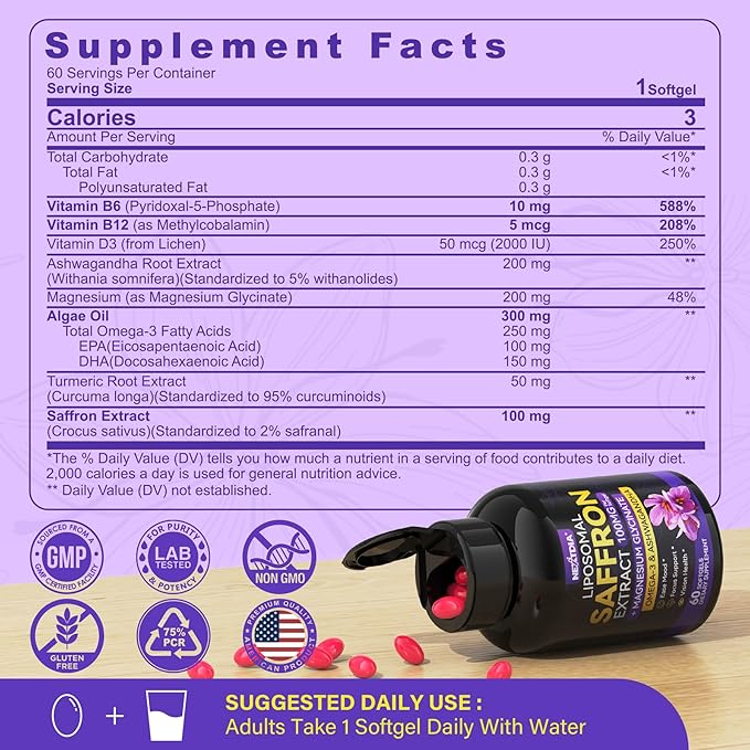 Nextdia Saffron Supplements - 100mg Liposomal High Absorption 100% Pure Saffron Extract with Magnesium Glycinate Omega-3 Turmeric Ashwagandha Vitamin B6 B12 D3 for Mood Brain - 60 Softgels.