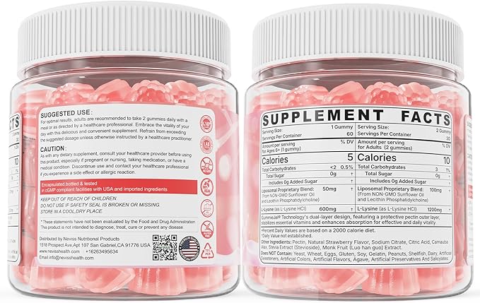 Liposomal L-Lysine Gummies 1200mg | High Absorption Immune &amp Skin Support | Vegan Amino Acid Supplement for Adults &amp Kids | Lips &amp Oral Bone &amp Collagen Health | Non-GMO Sugar-Free 6