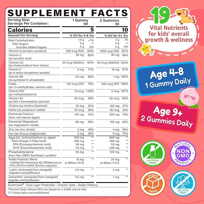 Kids Multivitamin Gummies + Omega 3(DHA/EPA) Methylated Multivitamin for Kids + Iron Choline Probiotic Vitamins A C D3 K2 E Methylfolate B6 B12 for Growth Immune Bone Brain No Sugar 60 Cts