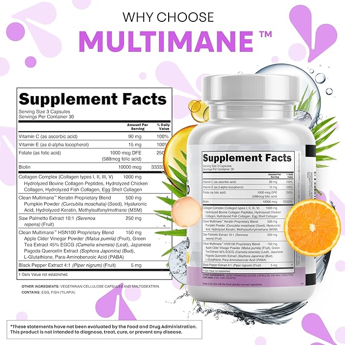 Clean Nutraceuticals Collagen Pills 1000mg Biotin 10000mcg Keratin Saw Palmetto Hyaluronic Acid - Hair Skin &amp Nails Vitamins &amp DHT Blocker (90 Count (Pack of 2))
