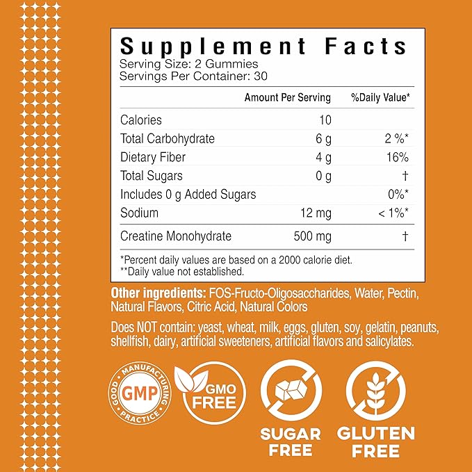 Creatine Monohydrate Gummies Pure Creatine Supports Muscle Recovery Improve Performance and Strength Gluten Free 60 Servings Orange Flavor