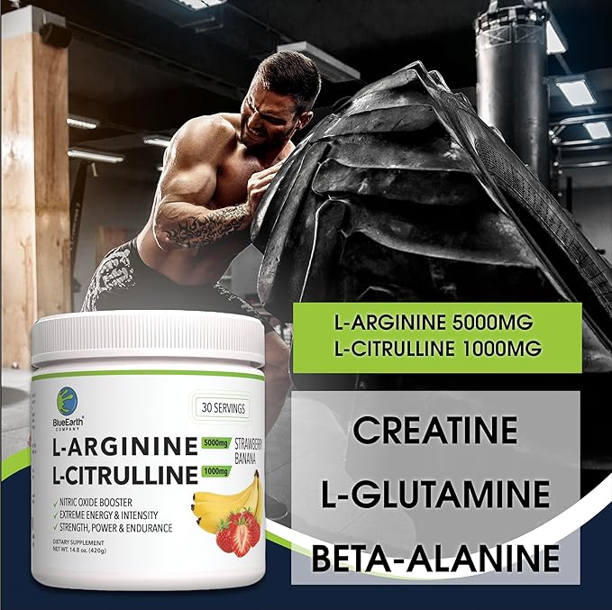 L-Arginine 5000mg + L-Citrulline Complex Powder Supplement Drink Mix - Nitric Oxide Booster for Heart Health Blood Flow &amp Energy - 30 Servings (Strawberry Banana)