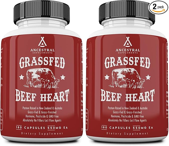 Ancestral Supplements Grass Fed Beef Heart Supplement 3300mg CoQ10 Supplement Supports Heart and Mitochondrial Health Non-GMO 180 Capsules (Pack of 2)
