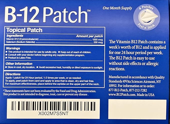 Vita Sciences Vitamin B12 Patch - Extra Strength Formula for Men and Women 1 Month Supply. Boost Energy Focus Memory &amp Metabolism