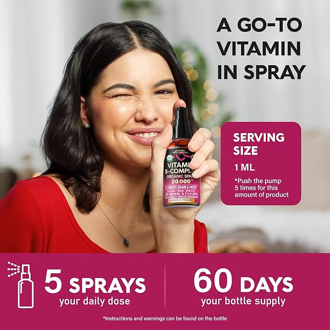 USDA Organic Vitamin B-Complex Liquid Spray 8-in-1 - B5 Pantothenic Acid | B12 Methylcobalamin | B1 Thiamine | B6 Pyridoxine | B7 Biotin | B9 Folic | B3 Niacinamide - Made in USA Supplement 2fl oz