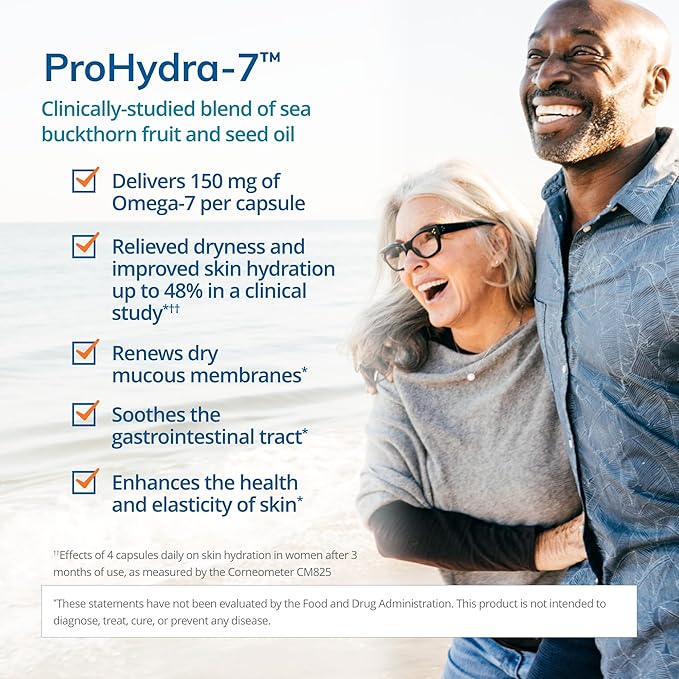 EuroMedica ProHydra-7 - Skin Health Support Supplement with Omega-7 Sea Buckthorn Oil - Nutritional Supplement - Essential Fatty Acid Supplement - 60 Softgels