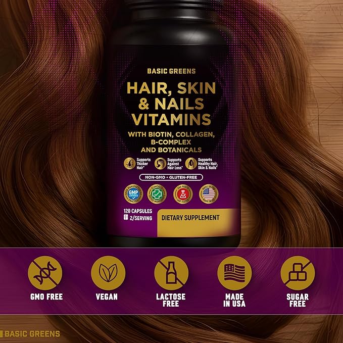 Hair Skin &amp Nails Vitamins with Biotin 10000 mcg Collagen B-Complex &amp Botanicals – Supports Healthy Hair Glowing Skin &amp Strong Nails – Non-GMO Gluten-Free – Made in USA – 120 Capsules