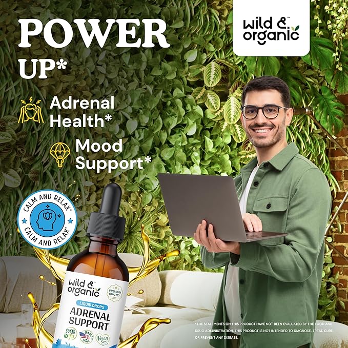 Wild &amp Organic Adrenal Support Supplements for Women &amp Men - Mood &amp Energy Support - Adrenal Complex Drops with Ashwagandha &amp Rhodiola Rosea Herb - Add to Tea - Vegan No Sugar &amp A