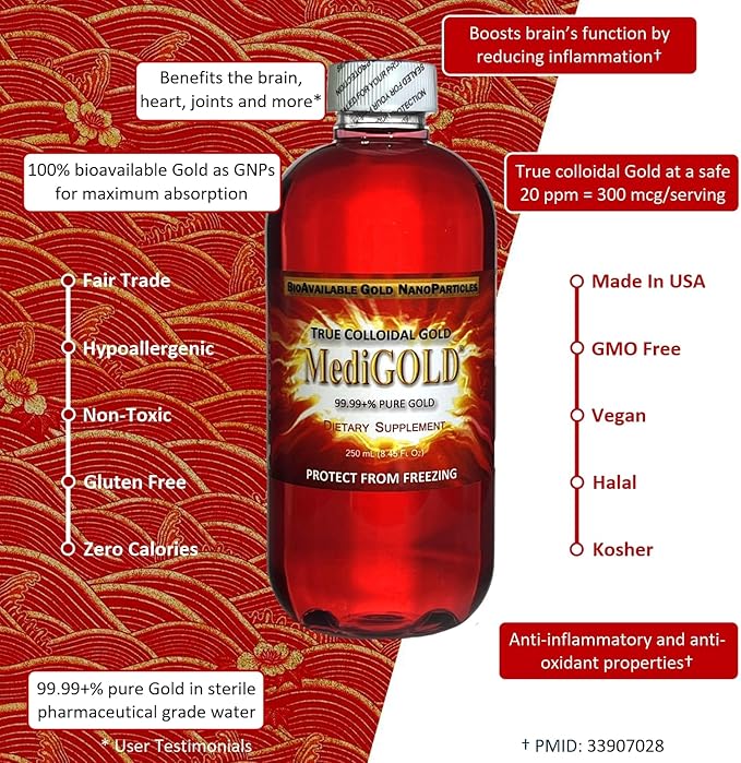 MediGOLD® True Colloidal Gold AuNP Nutritional Supplement - 250 mL in Clear Plastic Bottle