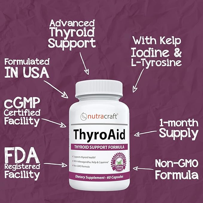 ThyroAid #1 Thyroid Support Supplement | Natural Herbal Thyroid Formula with Iodine (Kelp) Ashwagandha L-Tyrosine &amp More | Support Thyroid Health &amp Energy Levels | 60 Capsules