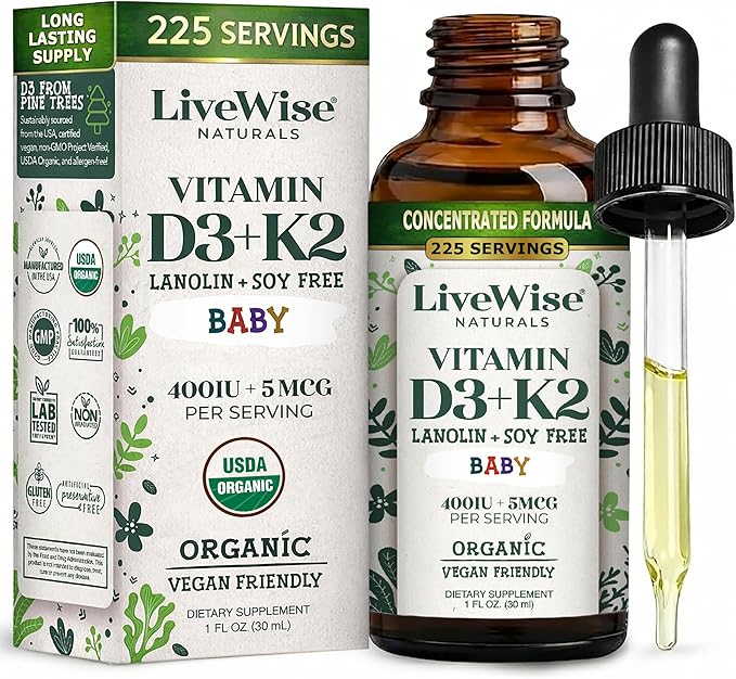 Live Wise Naturals Organic Vitamin D3 K2 Liquid Drops for Babies Concentrated Formulation 225 Servings (MK-7) Micro-Dose Dropper Gentle Daily Supplementation Early Development Precise Dosing