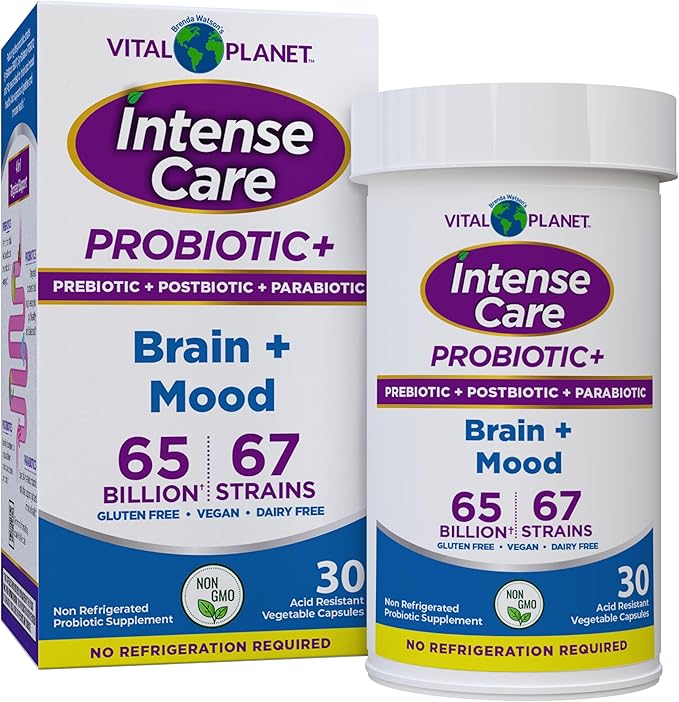 Vital Planet - Intense Care Brain &amp Mood Probiotics Organic Prebiotics Postbiotics Parabiotics Complete 4-in-1 Health Supplement for Adults 65 Billion CFU 67 Strains Digestive and Immune 30