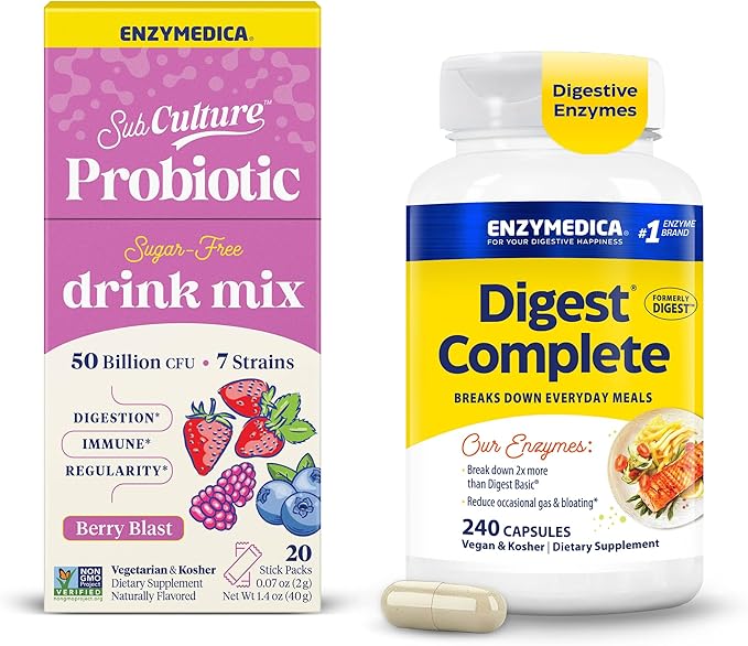 Enzymedica Digest Complete &amp SubCulture Probiotic Drink Mix Powder - Digestive Enzyme Supplement for Women &amp Men Helps Gas &amp Bloating Probiotics for Gut Health 50 Billion CFU Berry Blas
