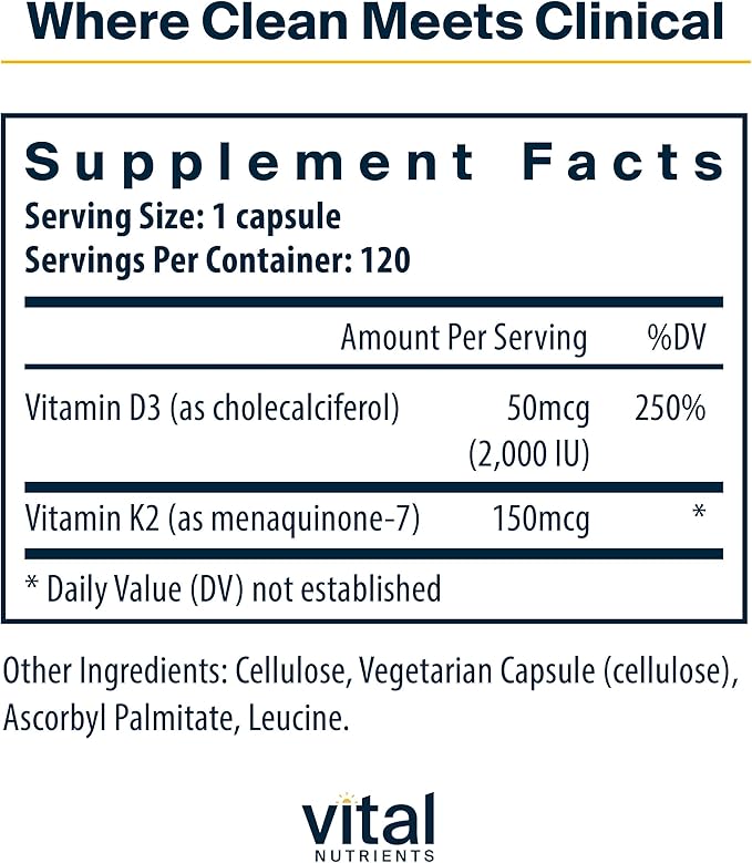 Vital Nutrients Vitamin D3 + K2 | 2000 IU | Vitamin D3 K2 Supplement | Vitamin D Complex for Healthy Calcium Levels Muscle &amp Bone Health | Gluten Dairy Soy Free | 120 Capsules
