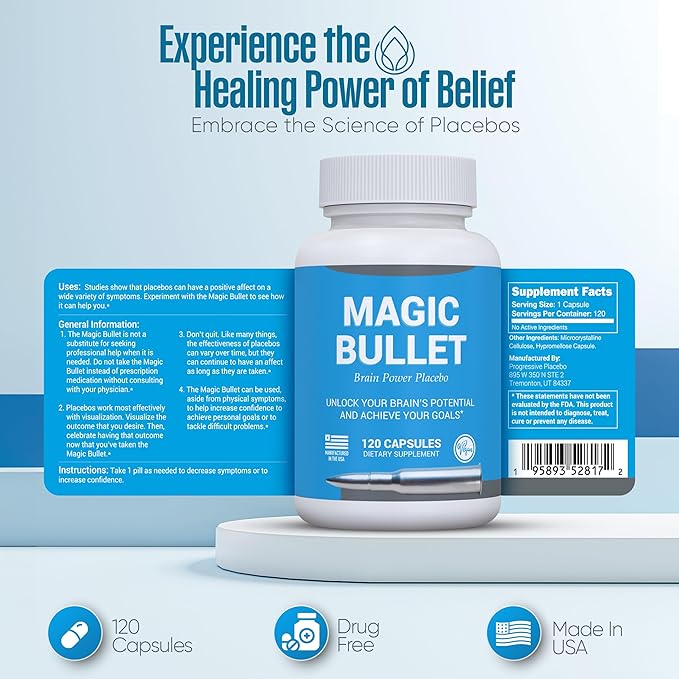 Magic Bullet Placebo Pills - 2 Pack – Happy Pills for Stress Relief – 120 White Vegan Capsules to Regain Confidence – Inert Capsules for Reaching Your Goals – Suitable for Adults Teens Men Women