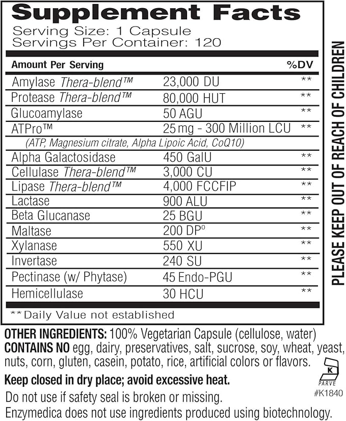 Enzymedica Digest Gold + ATPro Maximum Strength Enzyme Formula 14 Key Enzymes Including Amylase Protease Lipase and Lactase 120 Capsules