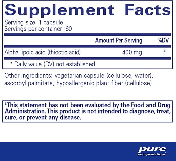 Pure Encapsulations Alpha Lipoic Acid 400 mg | ALA Supplement for Liver Support Antioxidants Nerve and Cardiovascular Health Free Radicals and Carbohydrate Support* | 60 Capsules