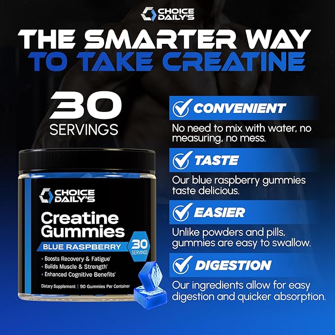 Creatine Gummies - 90 Vegan Friendly Chews - USA Made - Boosts Recovery - Builds Muscle - Enhanced Cognitive Benefits (Large Blue Raspberry)